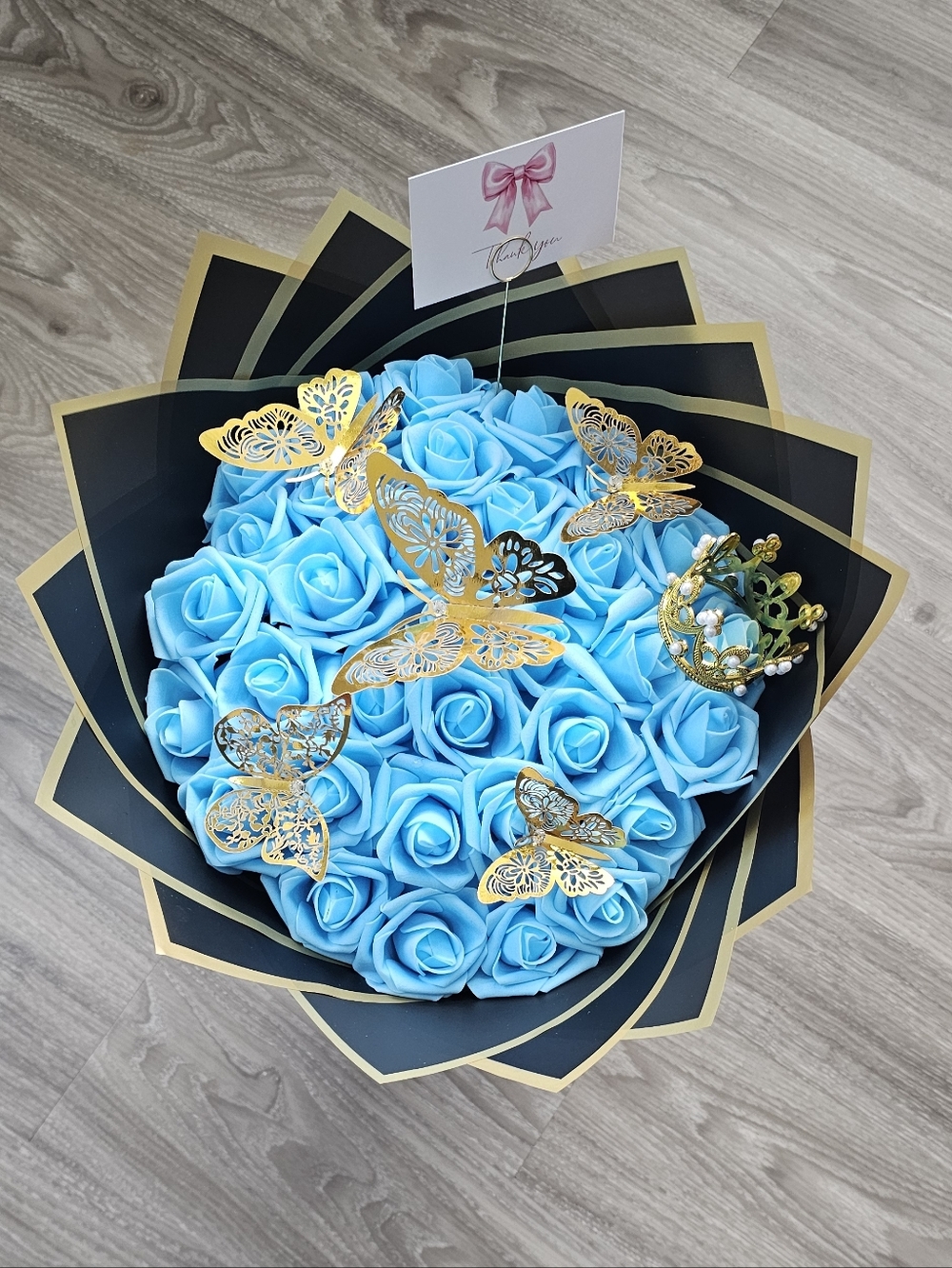 Blue Foam Rose Bouquet with Gold Butterfly Accents
